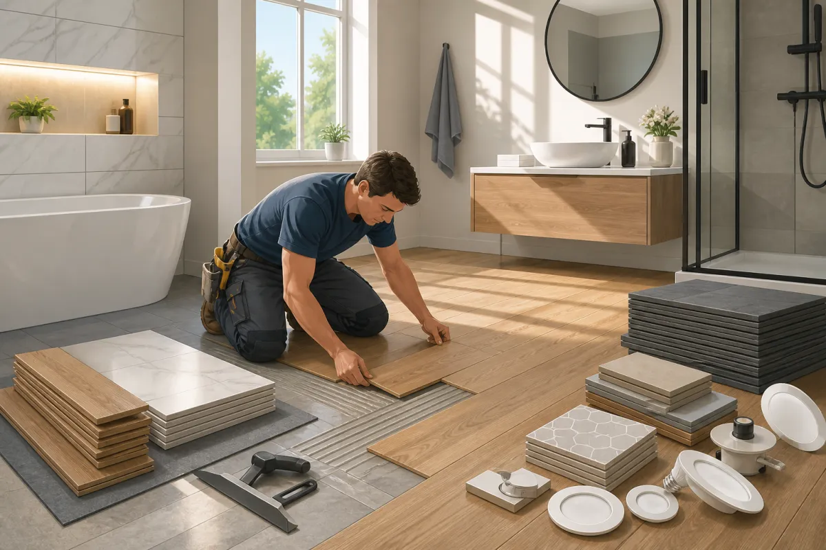A contractor installing luxury vinyl planks in a budget-friendly bathroom renovation.