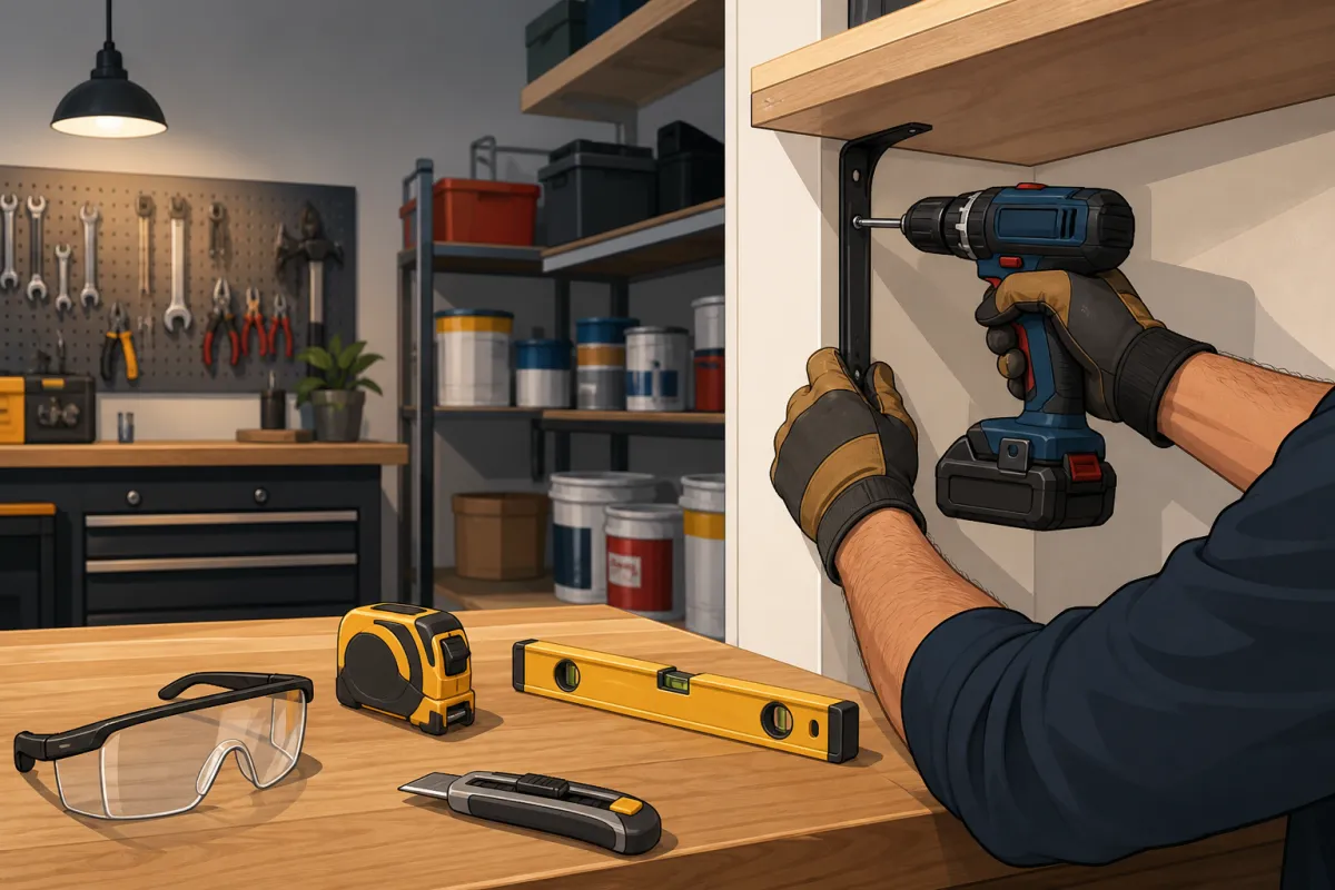 A DIY enthusiast using a cordless drill in a modern garage workshop.