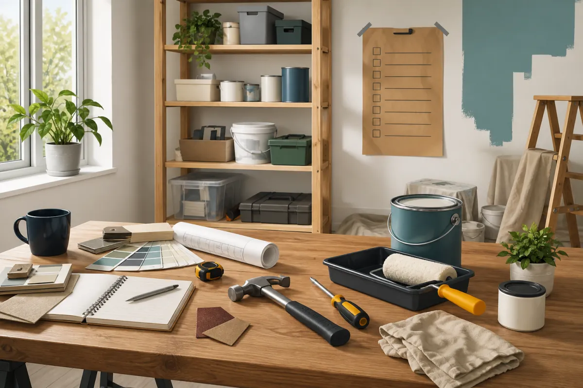 A DIY home renovation workspace with tools, materials, and a checklist.